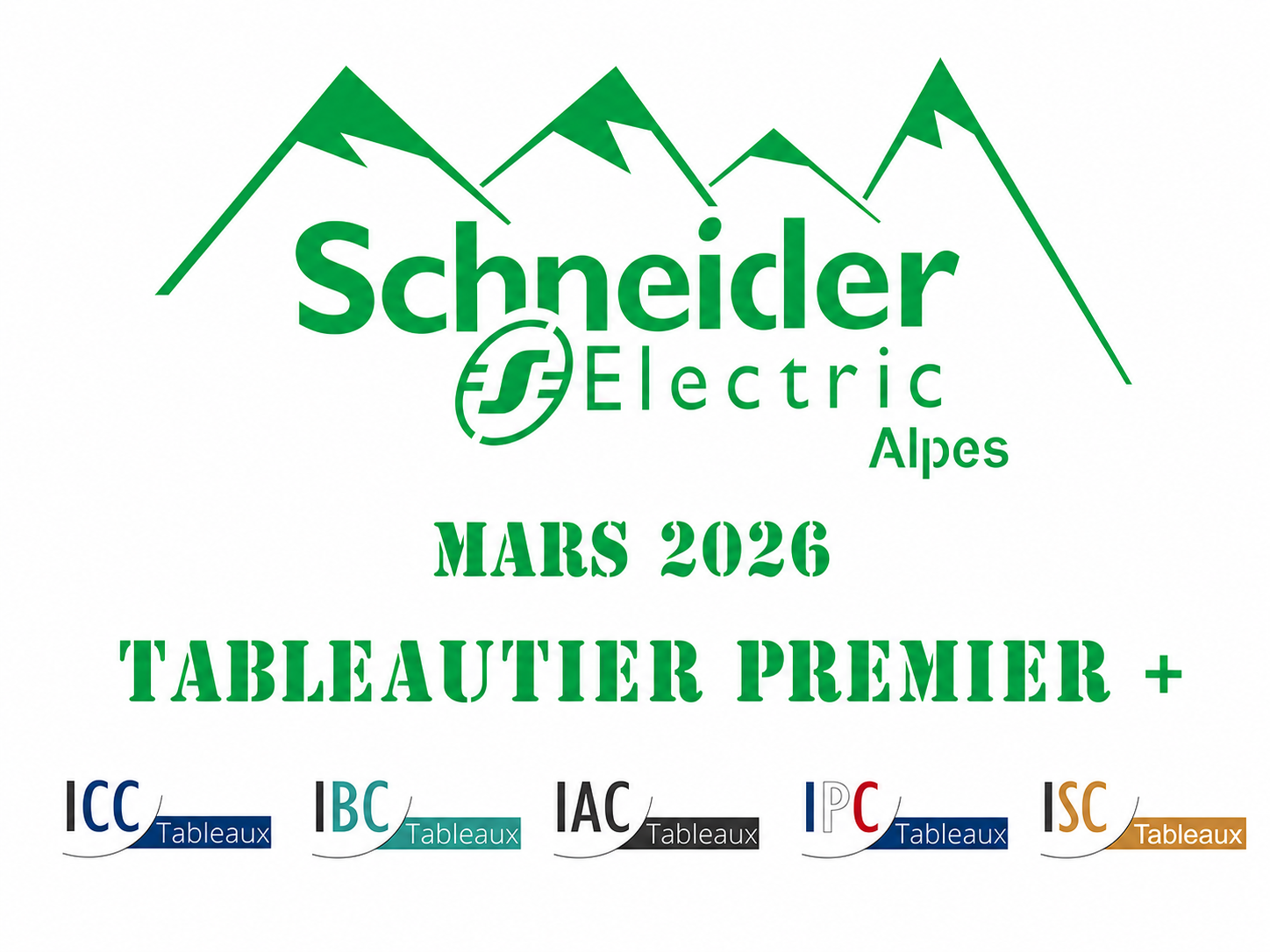 Plaque du rendez-vous annuel Schneider Electric à Grenoble en mars 2026 avec les logos ICC, IBC, IAC, IPC et ISC